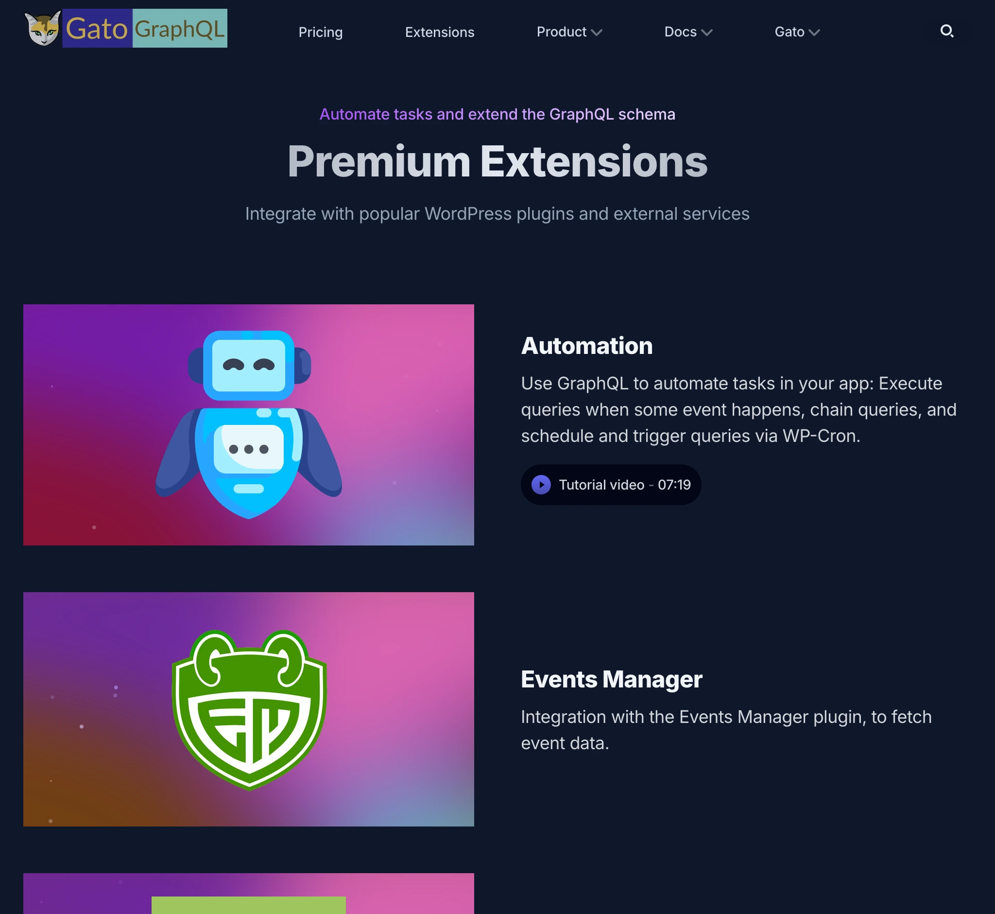 Sección de extensiones en gatographql.com